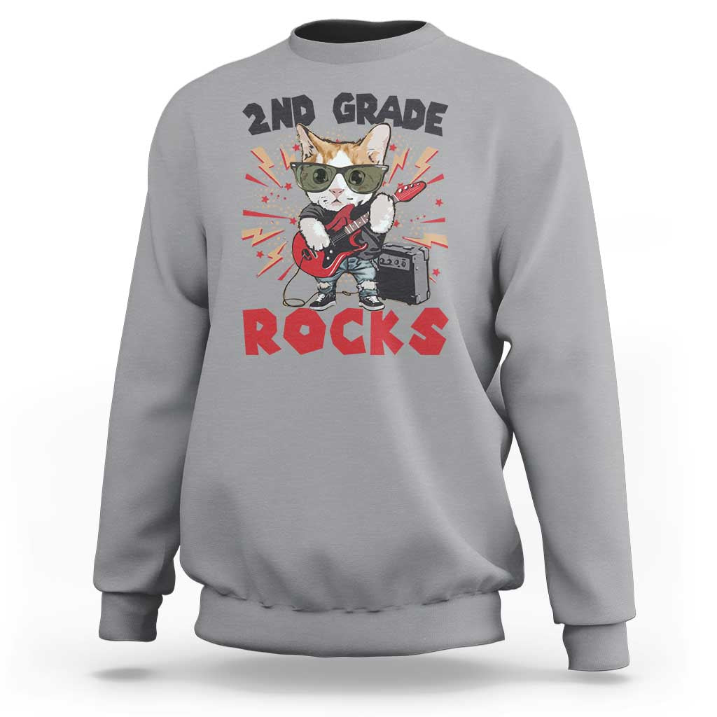 Funny 2nd Grade Rocks Sweatshirt Cat Heavy Metal Guitarist Thunder Star - Wonder Print Shop
