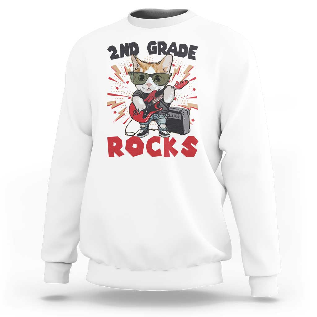 Funny 2nd Grade Rocks Sweatshirt Cat Heavy Metal Guitarist Thunder Star - Wonder Print Shop