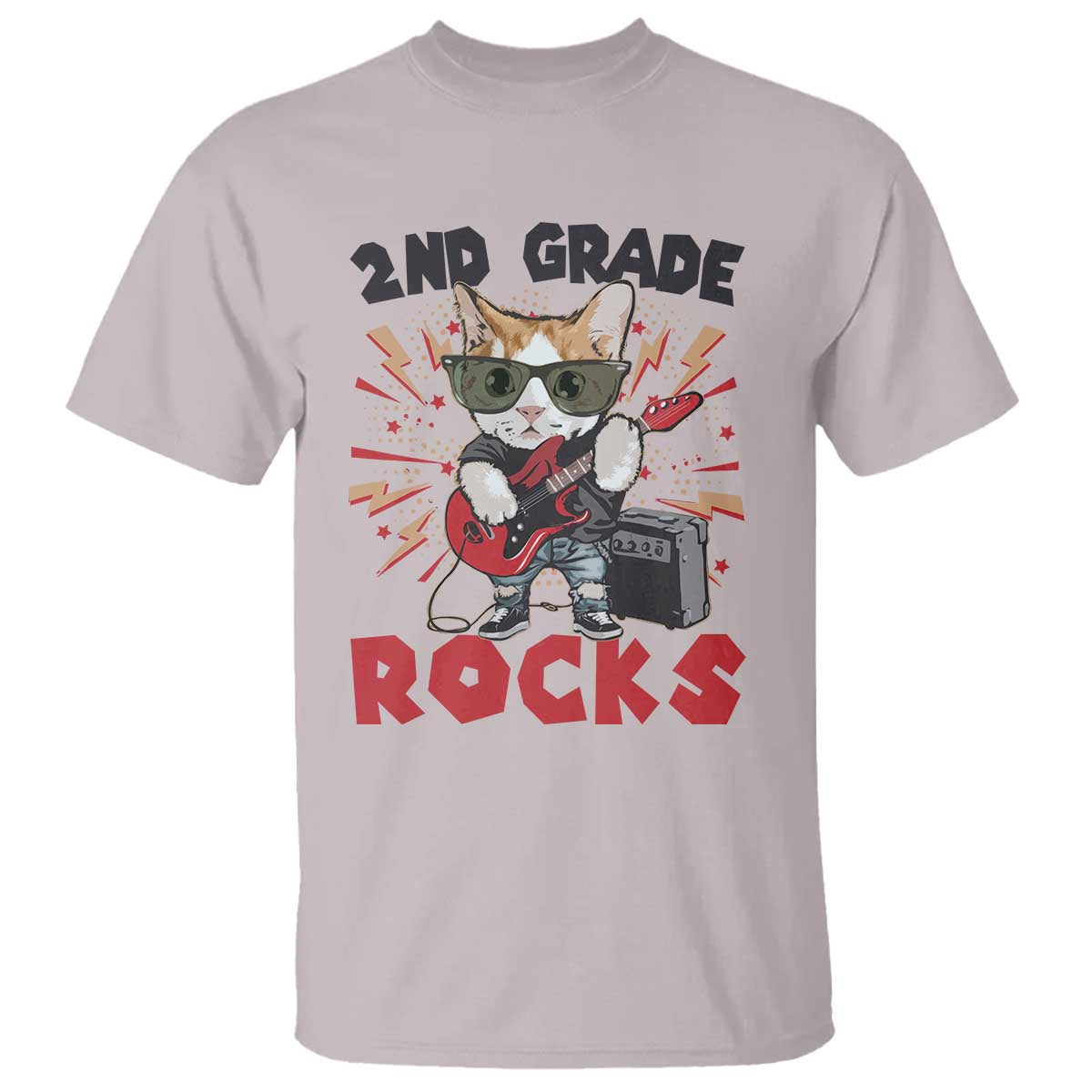 Funny 2nd Grade Rocks T Shirt Cat Heavy Metal Guitarist Thunder Star - Wonder Print Shop