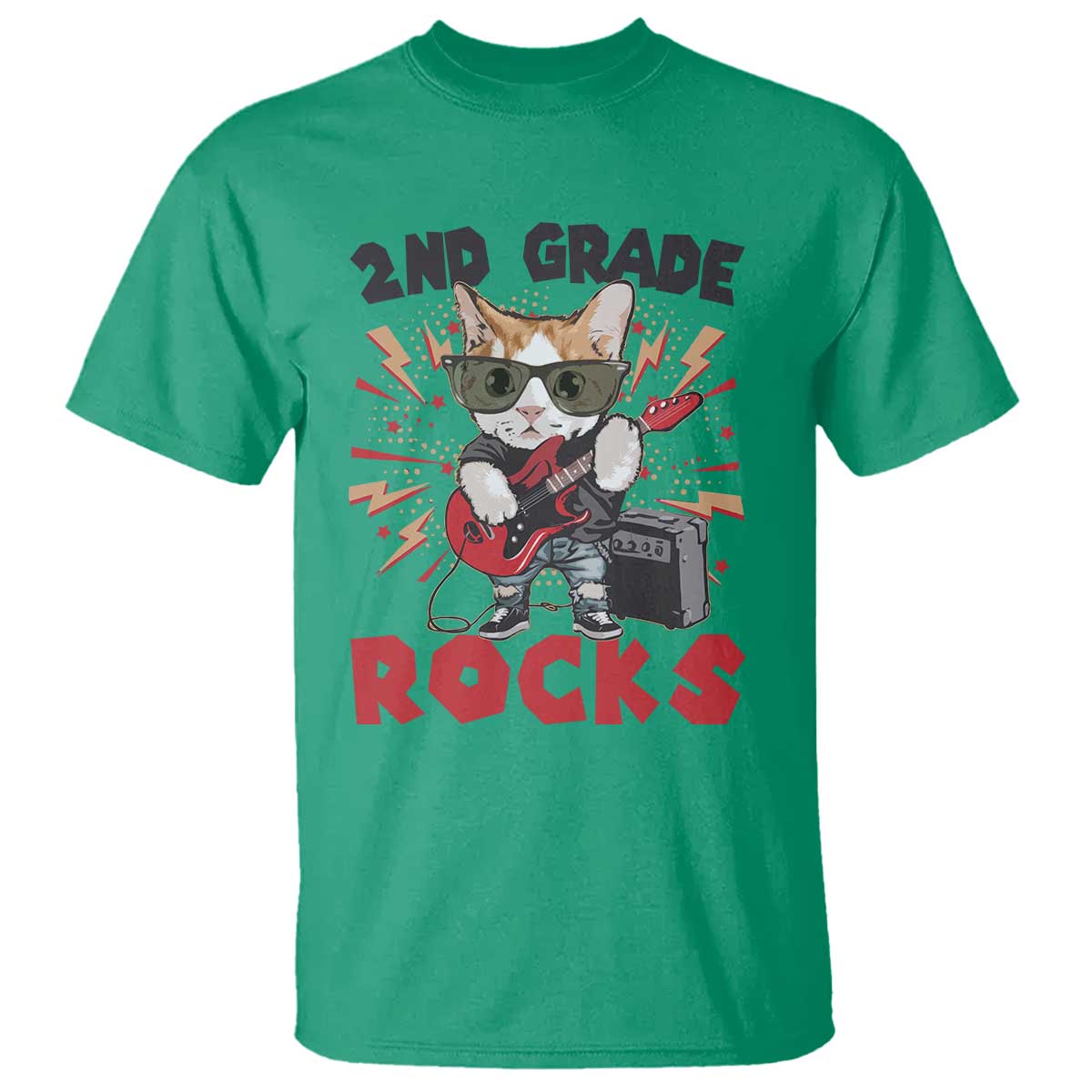 Funny 2nd Grade Rocks T Shirt Cat Heavy Metal Guitarist Thunder Star - Wonder Print Shop