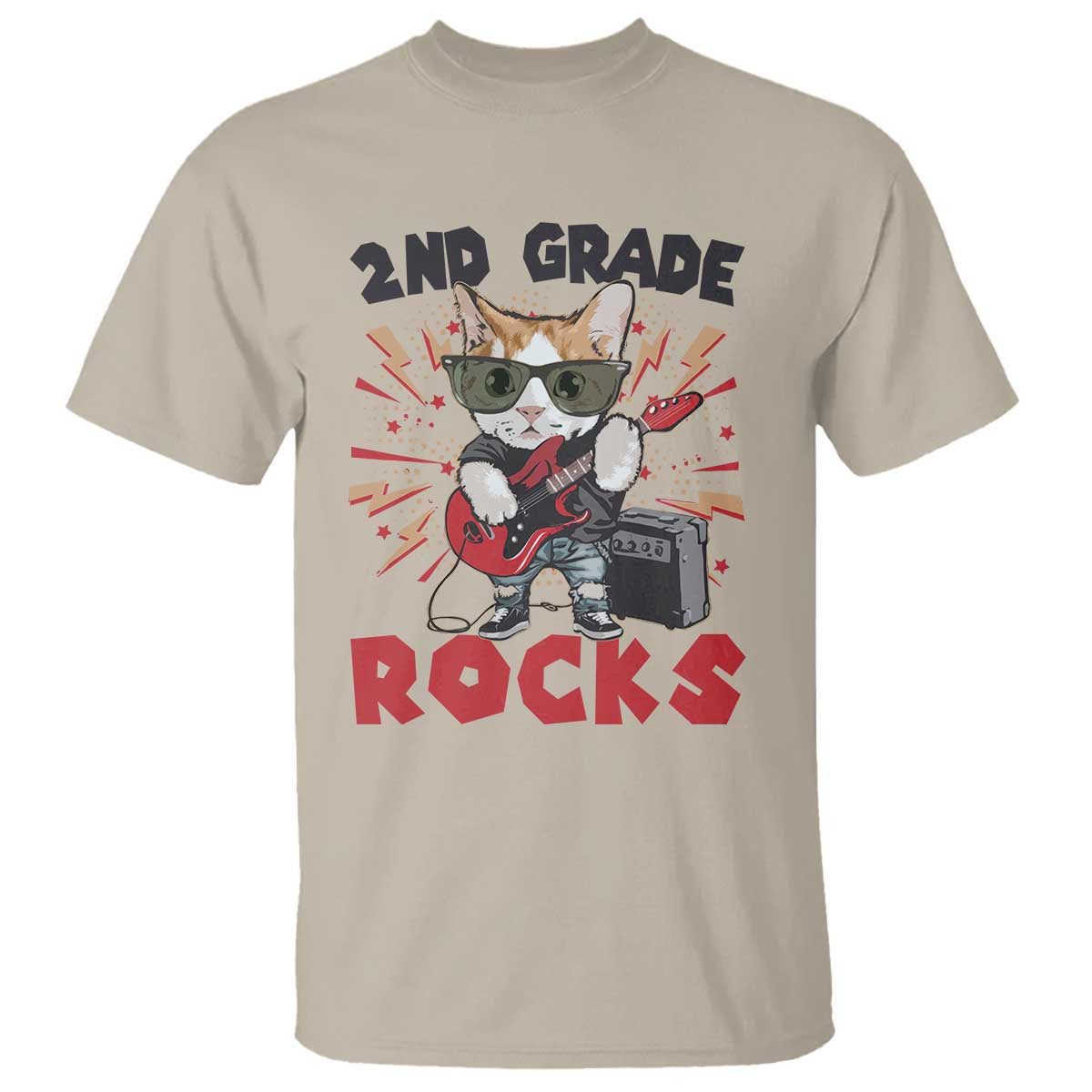 Funny 2nd Grade Rocks T Shirt Cat Heavy Metal Guitarist Thunder Star - Wonder Print Shop