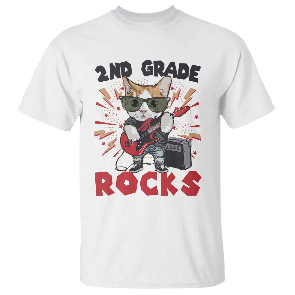 Funny 2nd Grade Rocks T Shirt Cat Heavy Metal Guitarist Thunder Star - Wonder Print Shop