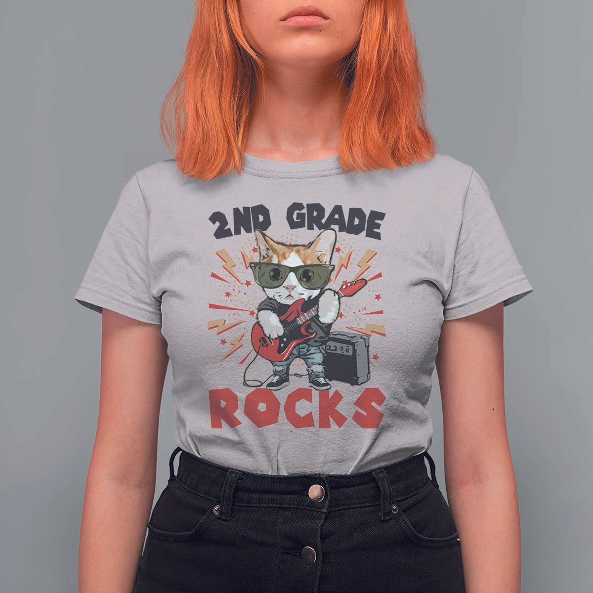 Funny 2nd Grade Rocks T Shirt For Women Cat Heavy Metal Guitarist Thunder Star - Wonder Print Shop