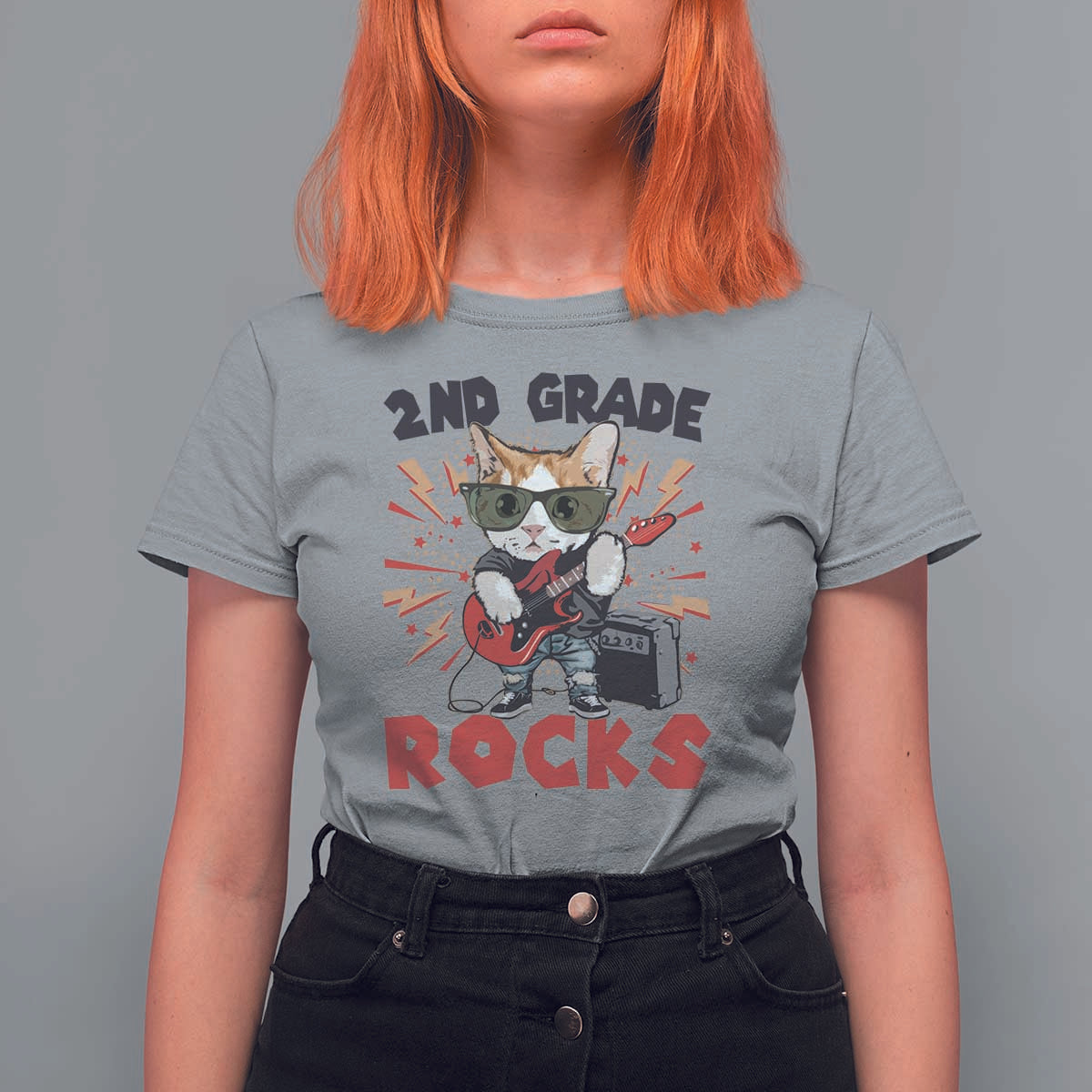 Funny 2nd Grade Rocks T Shirt For Women Cat Heavy Metal Guitarist Thunder Star - Wonder Print Shop