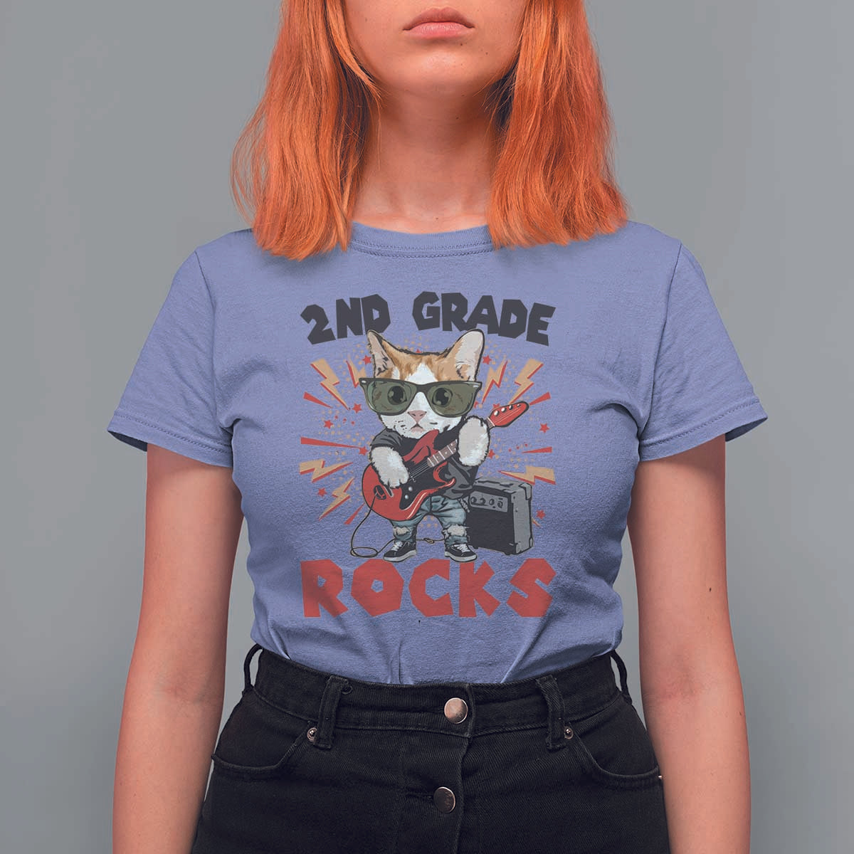Funny 2nd Grade Rocks T Shirt For Women Cat Heavy Metal Guitarist Thunder Star - Wonder Print Shop