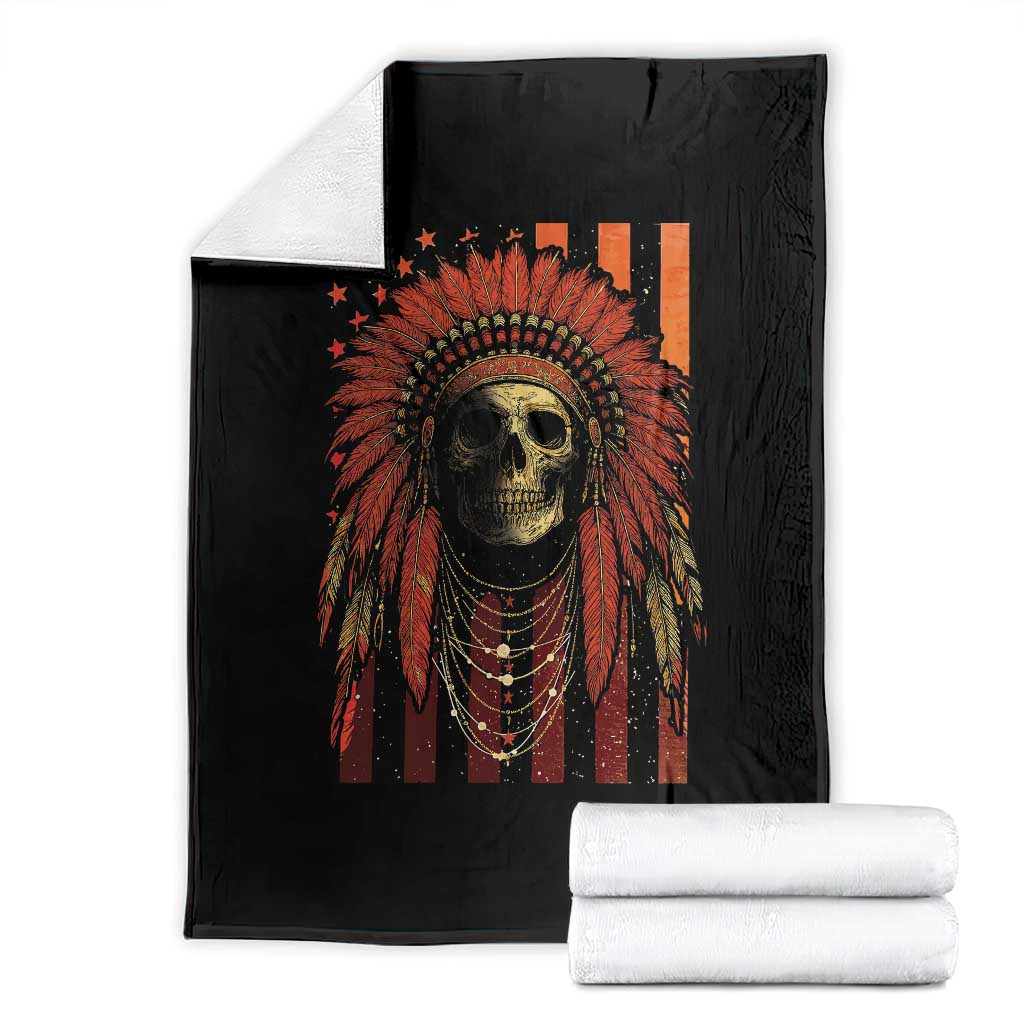 Native American Indian Chief Skull Headdress Vintage USA Flag Throw Blanket - Wonder Print Shop
