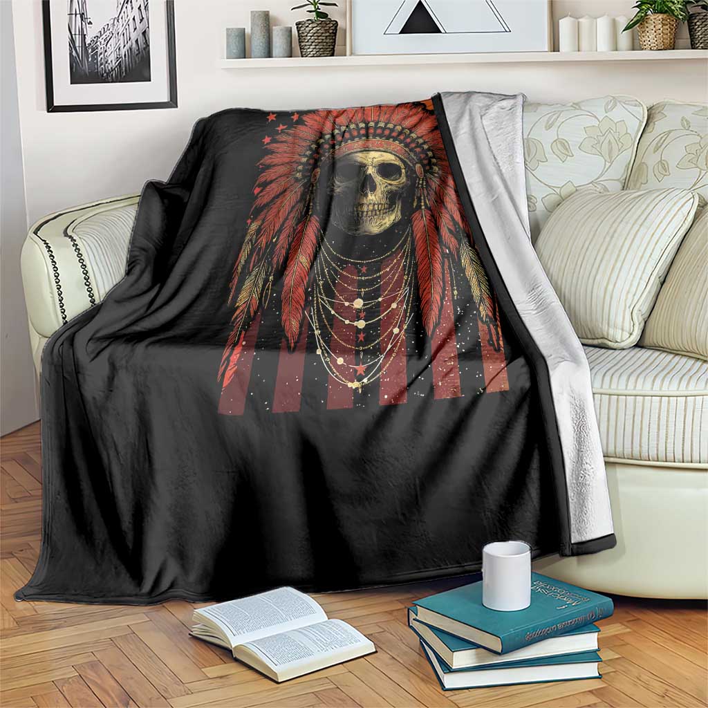 Native American Indian Chief Skull Headdress Vintage USA Flag Throw Blanket - Wonder Print Shop