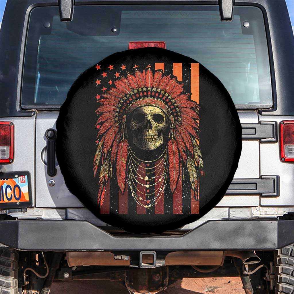 Native American Indian Chief Skull Headdress Vintage USA Flag Spare Tire Cover - Wonder Print Shop