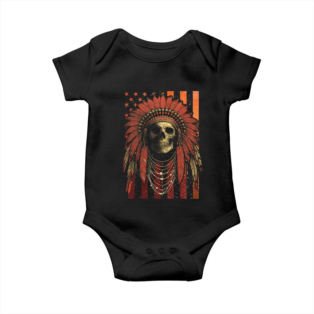 Native American Indian Chief Skull Headdress Vintage USA Flag Baby Onesie - Wonder Print Shop