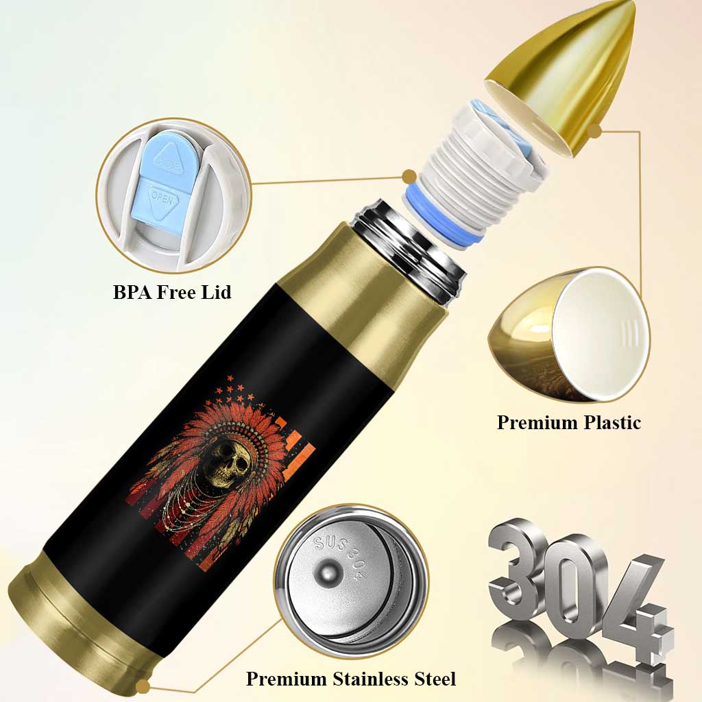 Native American Indian Chief Skull Headdress Vintage USA Flag Bullet Tumbler - Wonder Print Shop