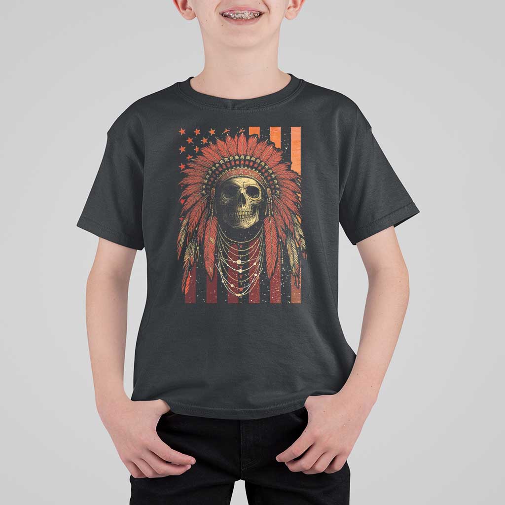 Native American Indian Chief Skull Headdress Vintage USA Flag T Shirt For Kid - Wonder Print Shop