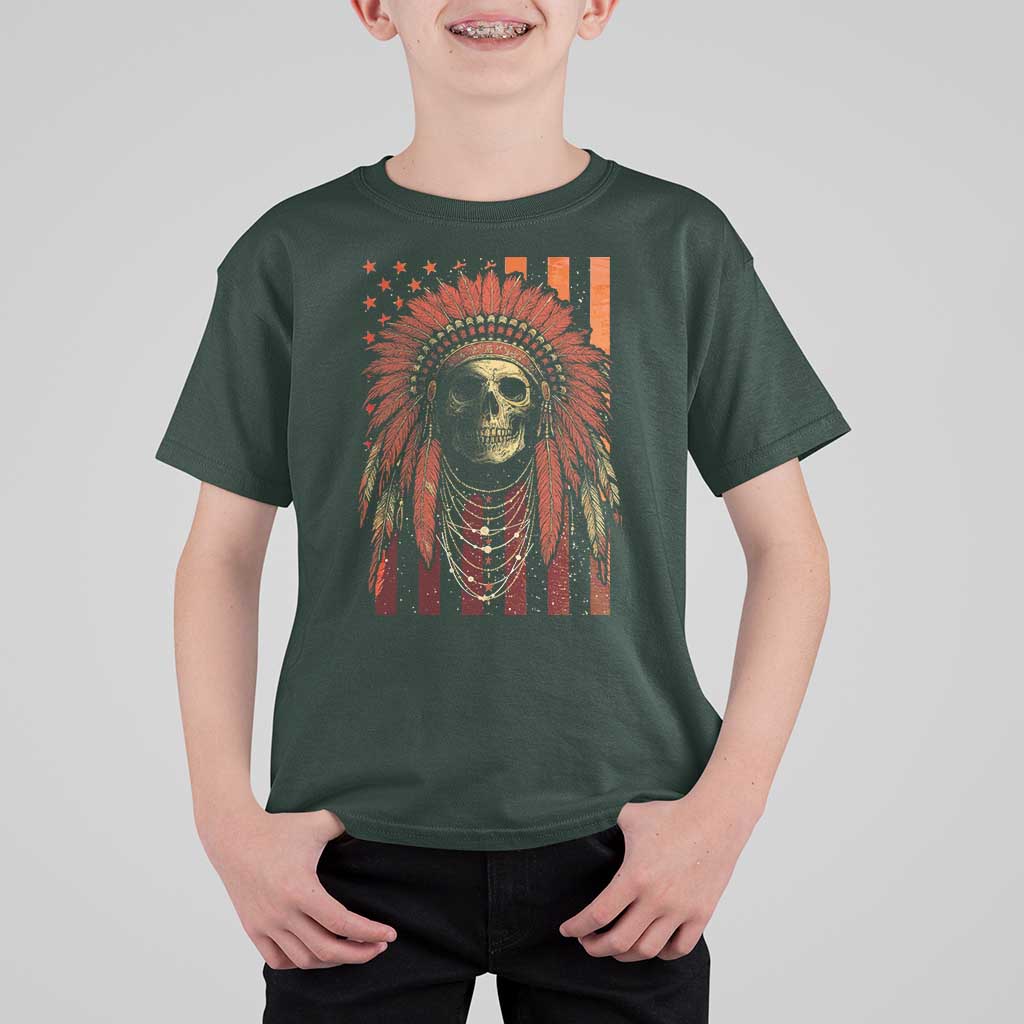 Native American Indian Chief Skull Headdress Vintage USA Flag T Shirt For Kid - Wonder Print Shop