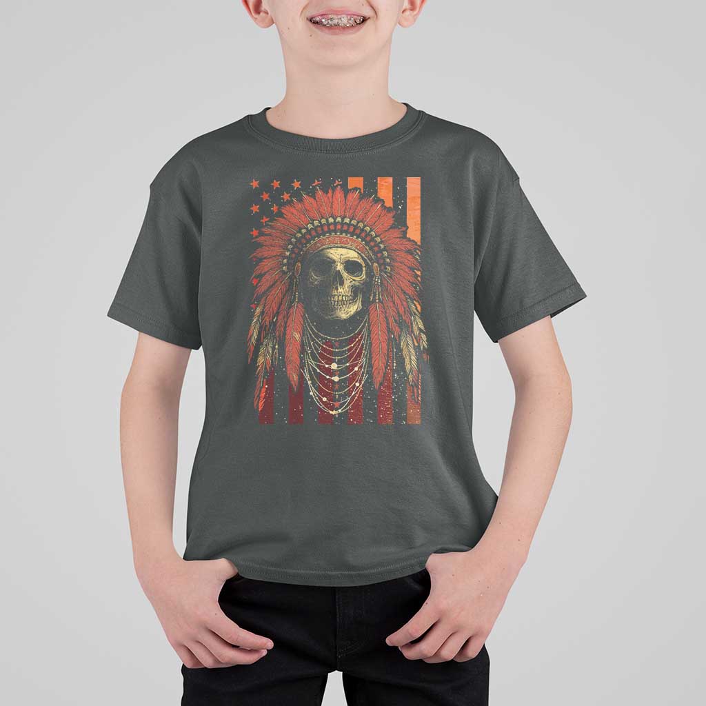 Native American Indian Chief Skull Headdress Vintage USA Flag T Shirt For Kid - Wonder Print Shop