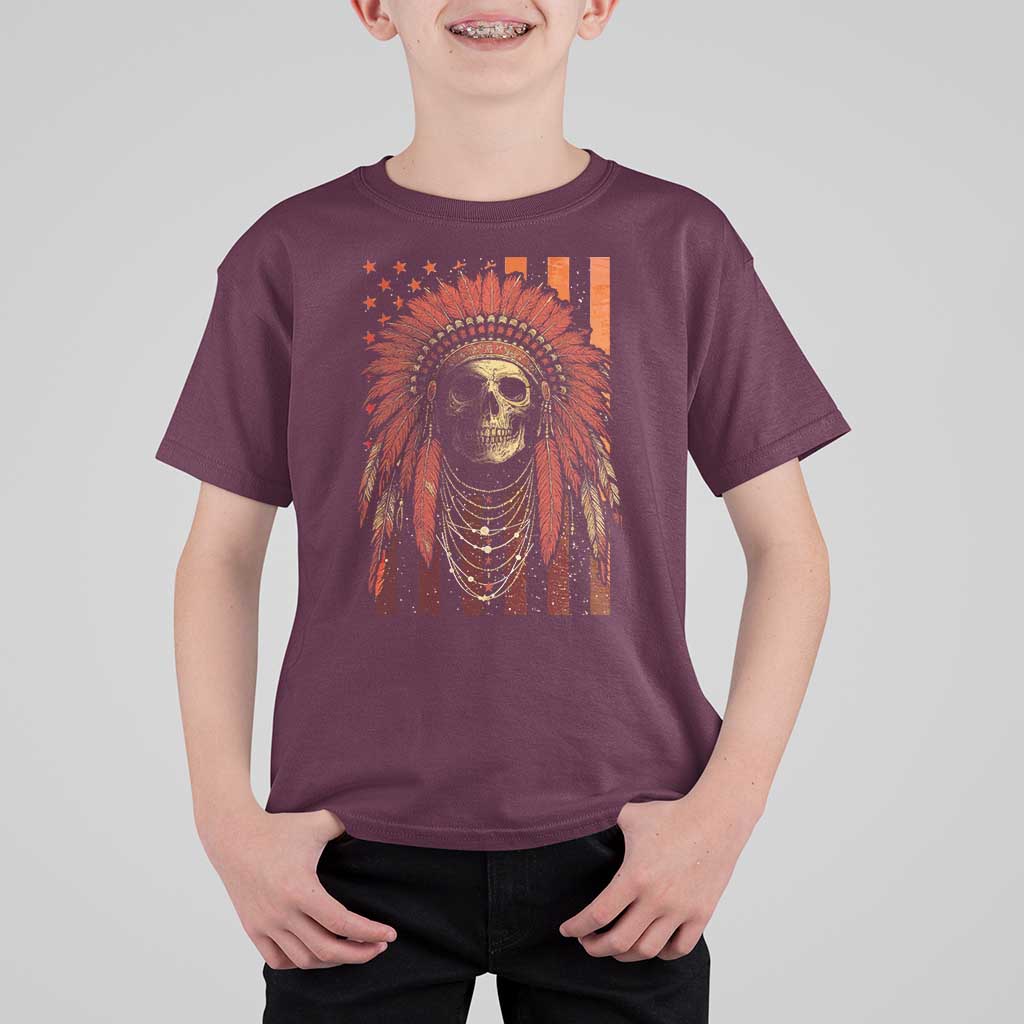 Native American Indian Chief Skull Headdress Vintage USA Flag T Shirt For Kid - Wonder Print Shop