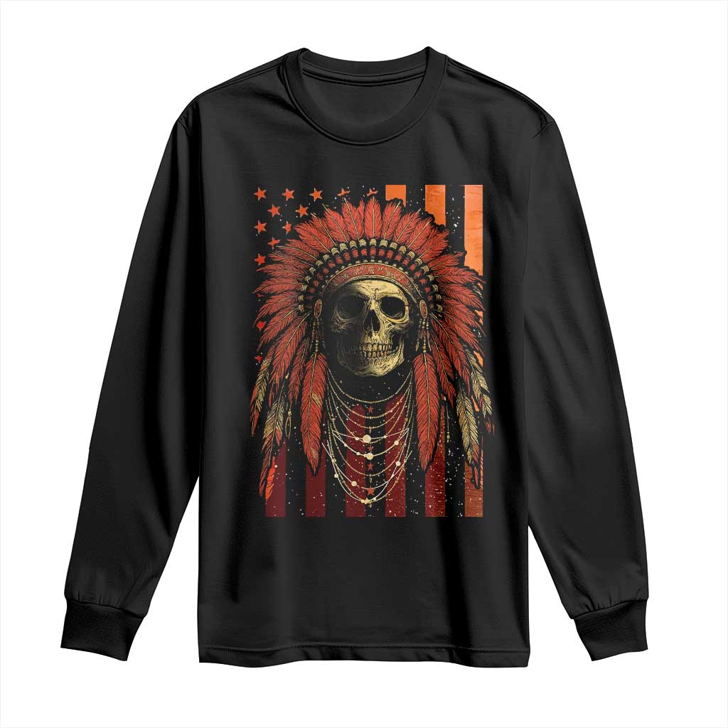 Native American Indian Chief Skull Headdress Vintage USA Flag Long Sleeve Shirt - Wonder Print Shop
