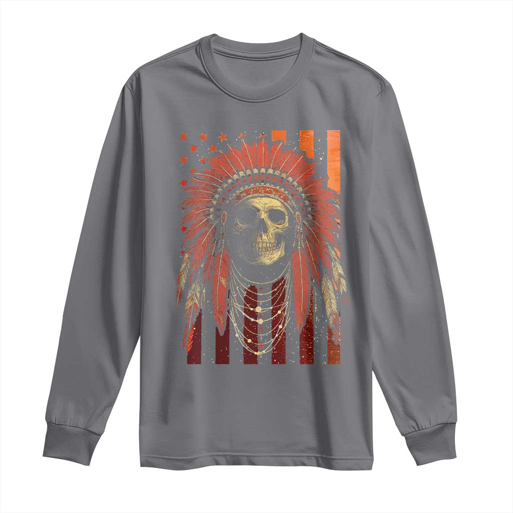 Native American Indian Chief Skull Headdress Vintage USA Flag Long Sleeve Shirt - Wonder Print Shop
