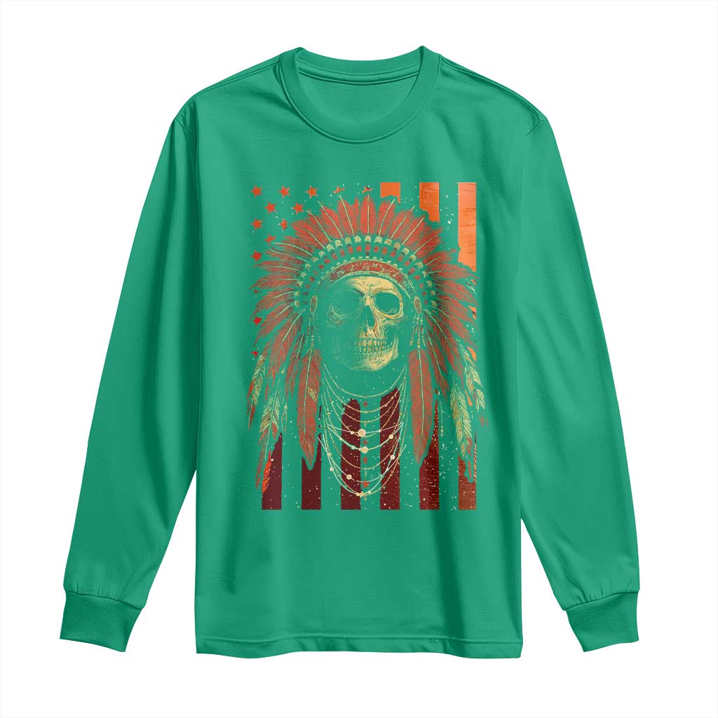 Native American Indian Chief Skull Headdress Vintage USA Flag Long Sleeve Shirt - Wonder Print Shop