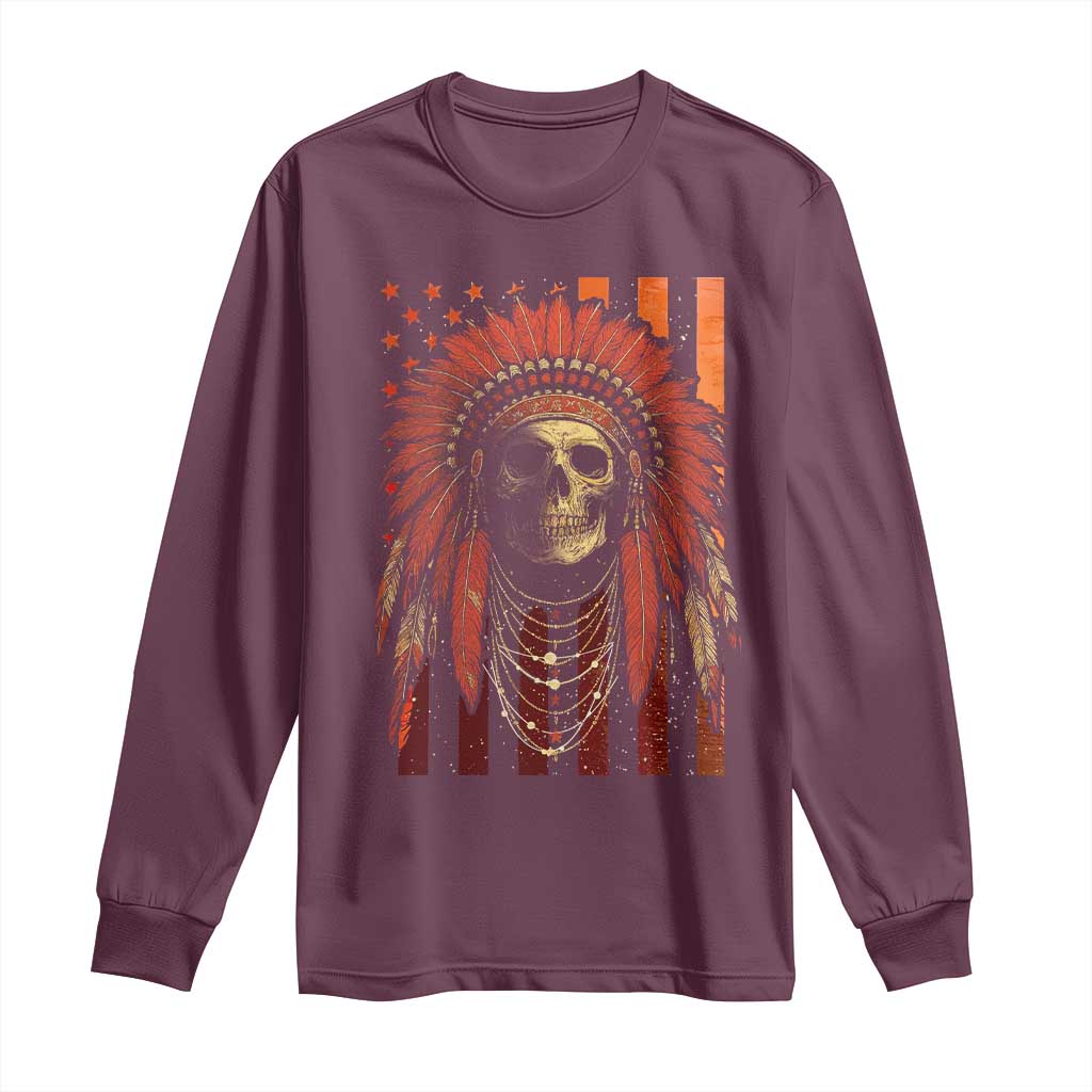 Native American Indian Chief Skull Headdress Vintage USA Flag Long Sleeve Shirt - Wonder Print Shop