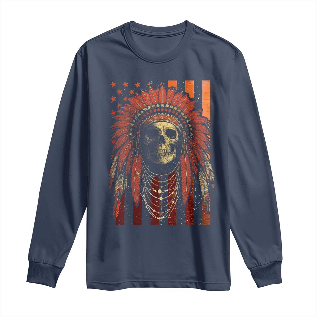 Native American Indian Chief Skull Headdress Vintage USA Flag Long Sleeve Shirt - Wonder Print Shop