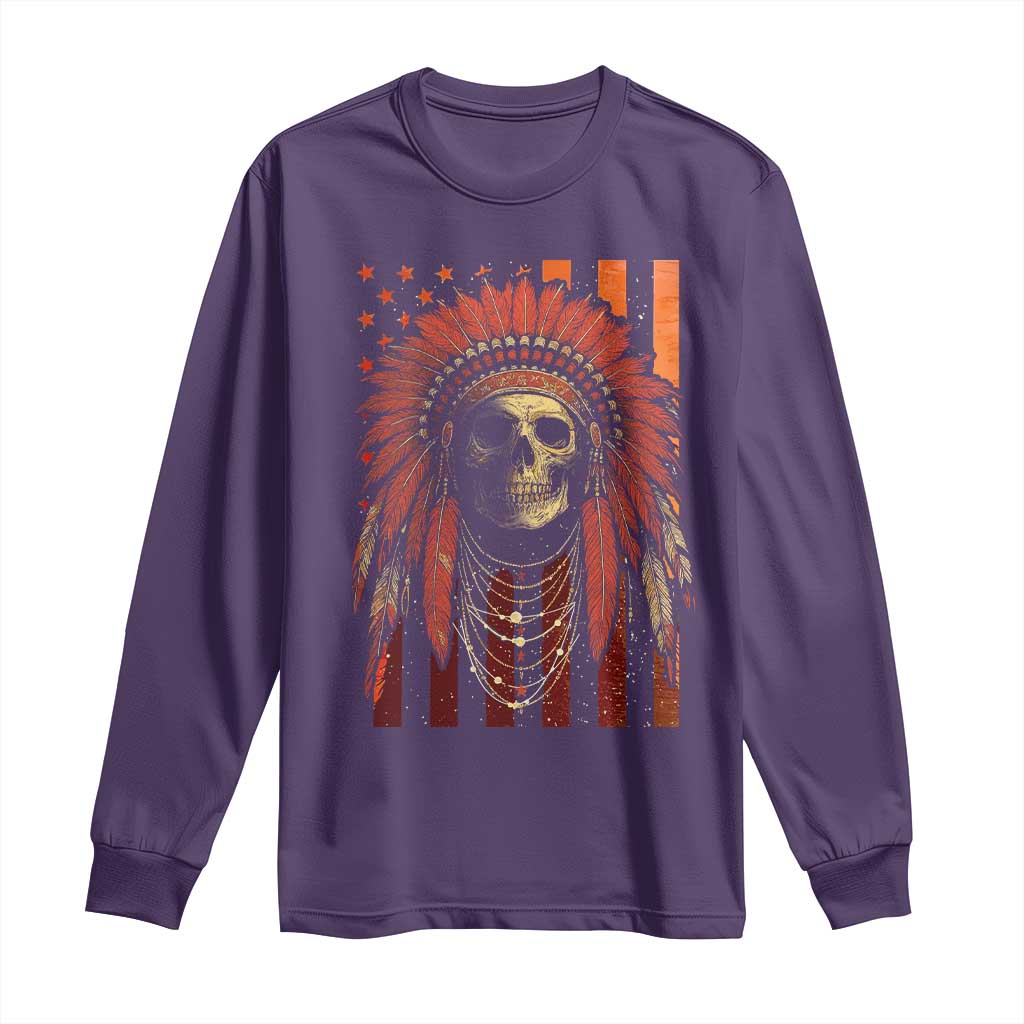 Native American Indian Chief Skull Headdress Vintage USA Flag Long Sleeve Shirt - Wonder Print Shop