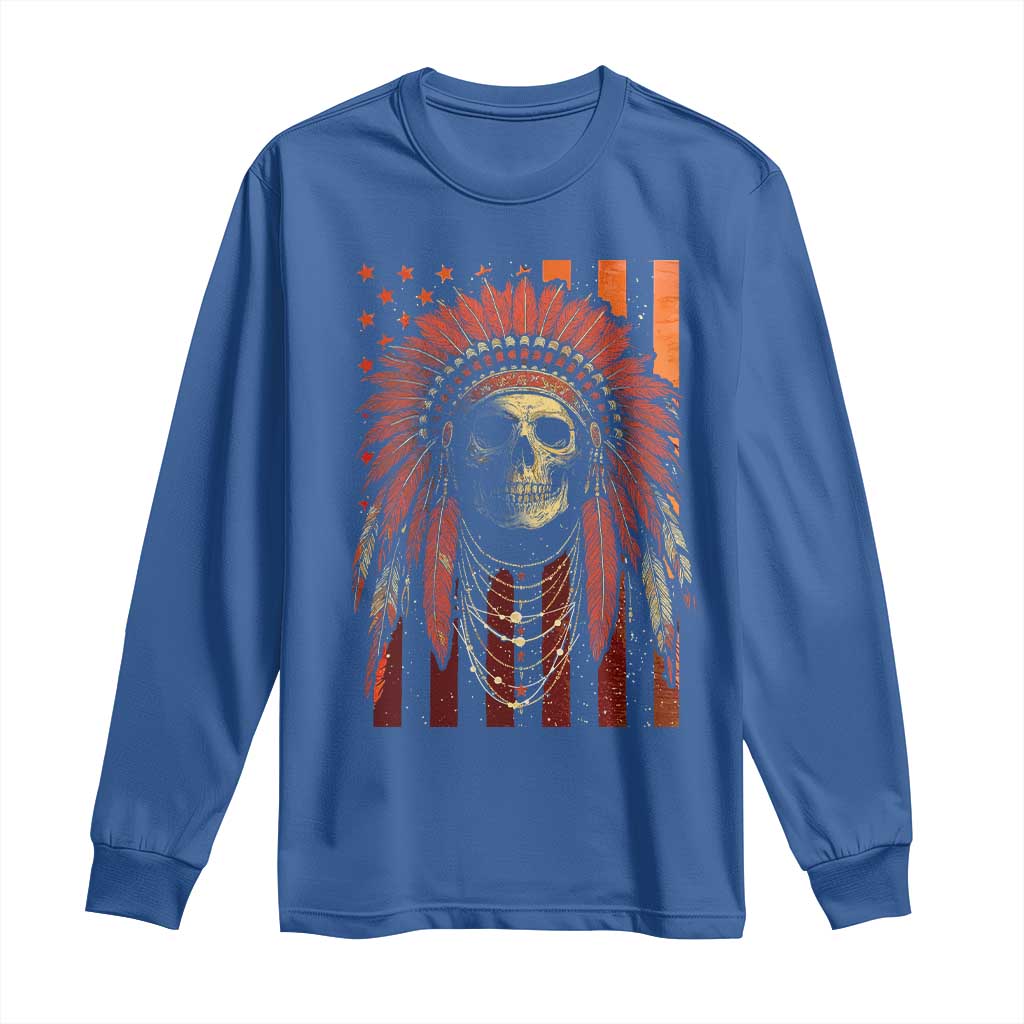 Native American Indian Chief Skull Headdress Vintage USA Flag Long Sleeve Shirt - Wonder Print Shop
