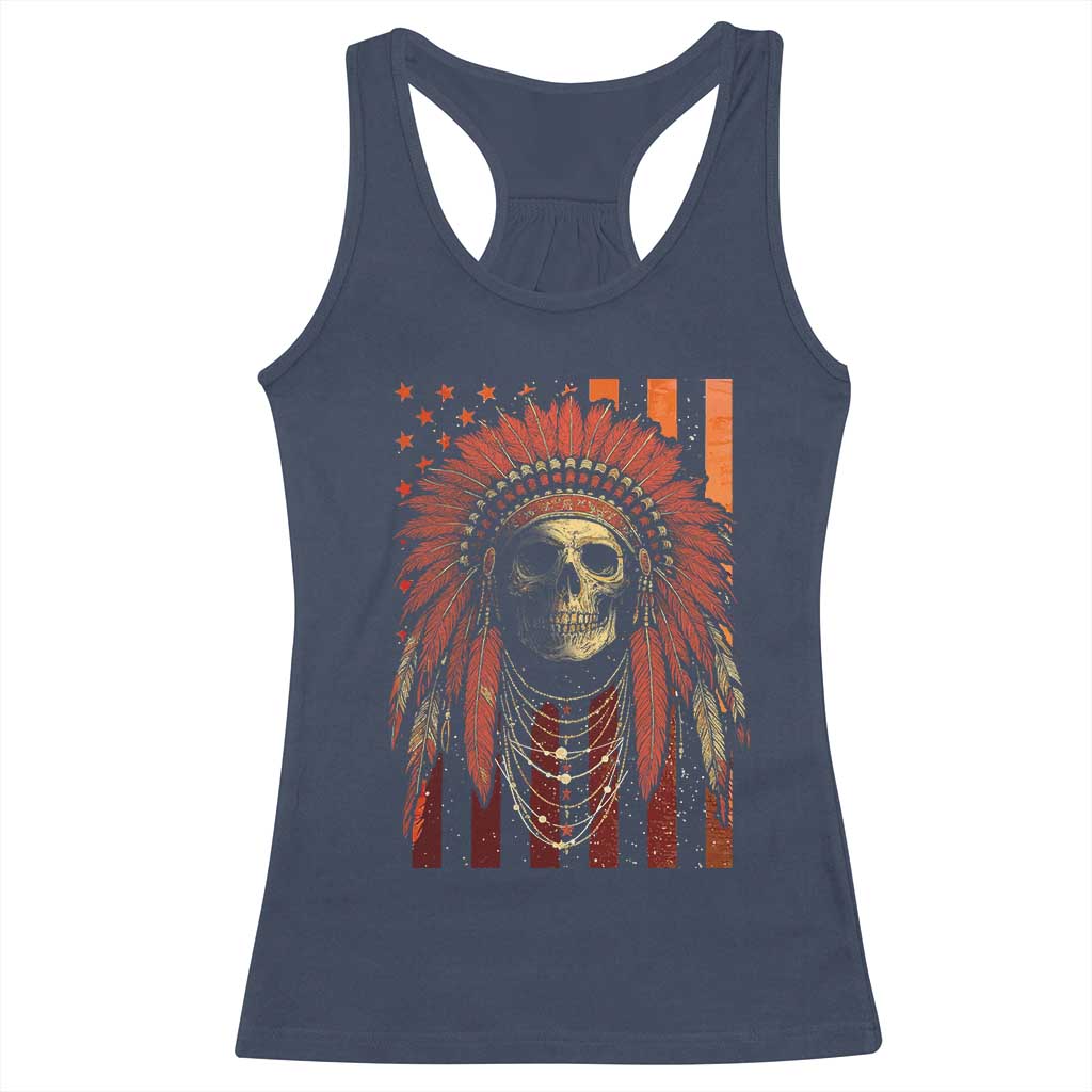Native American Indian Chief Skull Headdress Vintage USA Flag Racerback Tank Top - Wonder Print Shop