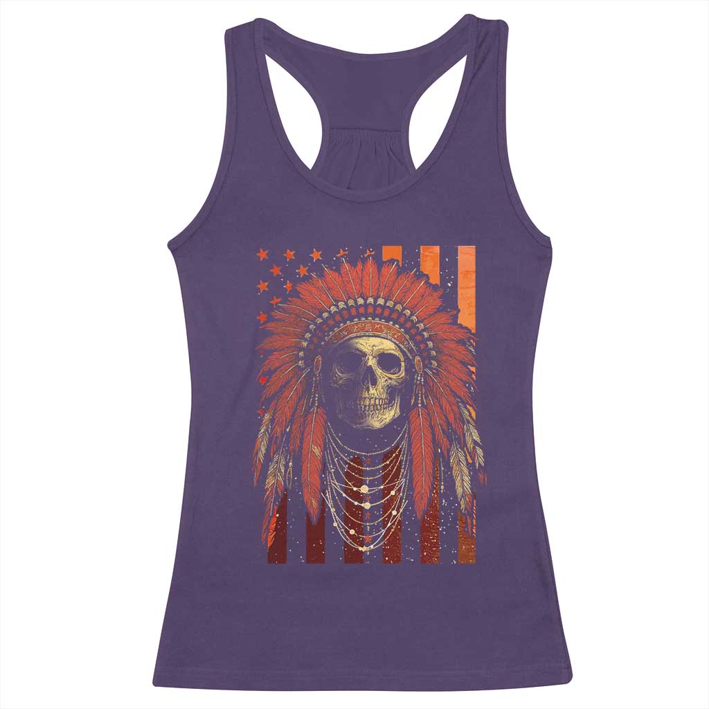 Native American Indian Chief Skull Headdress Vintage USA Flag Racerback Tank Top - Wonder Print Shop