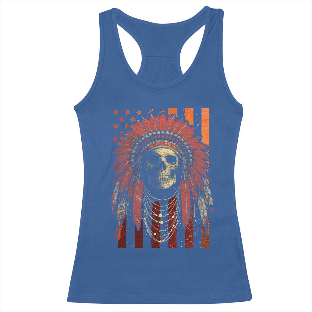 Native American Indian Chief Skull Headdress Vintage USA Flag Racerback Tank Top - Wonder Print Shop