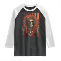 Native American Indian Chief Skull Headdress Vintage USA Flag Raglan Shirt - Wonder Print Shop