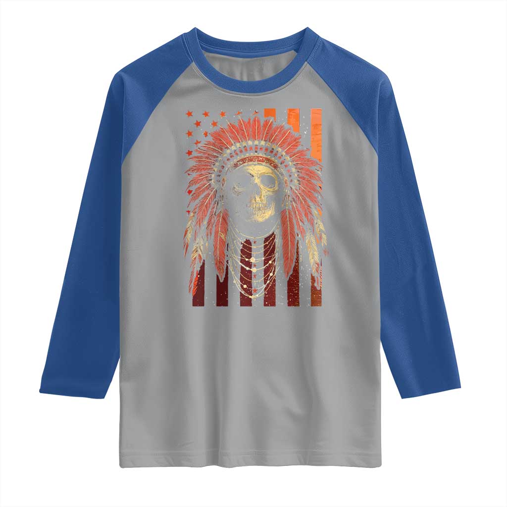 Native American Indian Chief Skull Headdress Vintage USA Flag Raglan Shirt - Wonder Print Shop