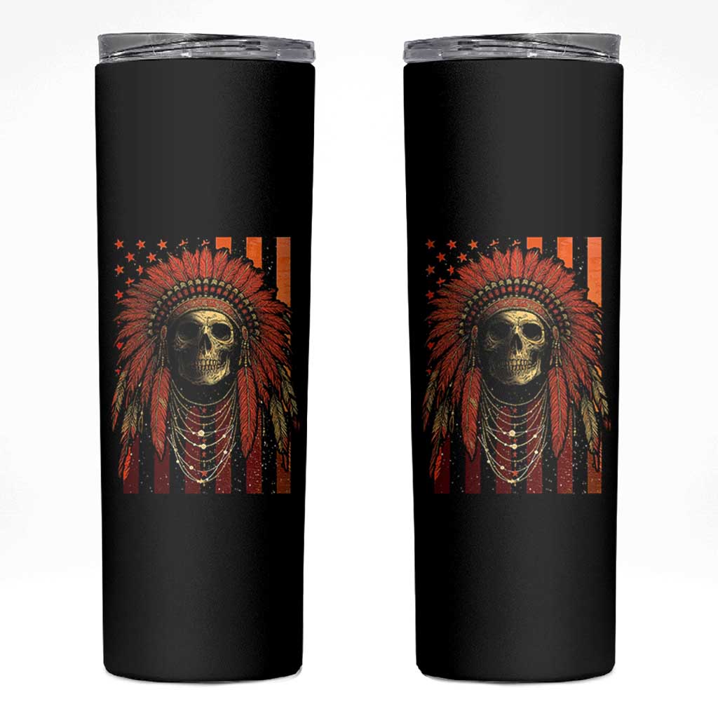 Native American Indian Chief Skull Headdress Vintage USA Flag Skinny Tumbler - Wonder Print Shop