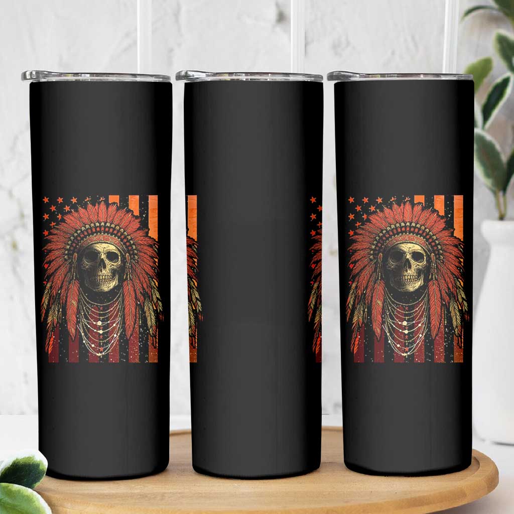 Native American Indian Chief Skull Headdress Vintage USA Flag Skinny Tumbler - Wonder Print Shop