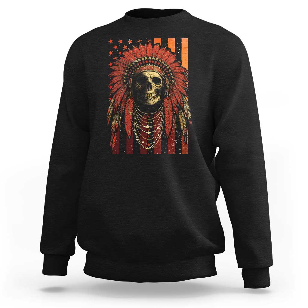 Native American Indian Chief Skull Headdress Vintage USA Flag Sweatshirt - Wonder Print Shop