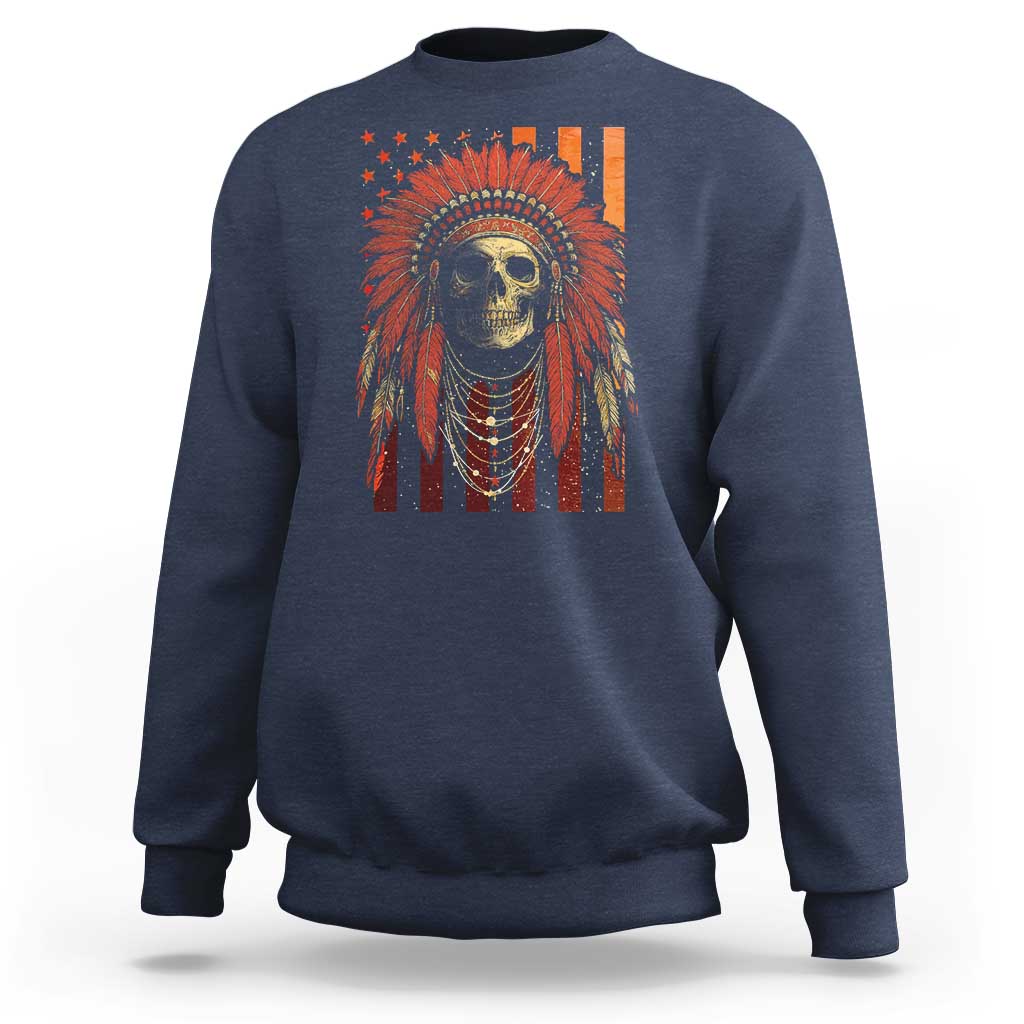Native American Indian Chief Skull Headdress Vintage USA Flag Sweatshirt - Wonder Print Shop