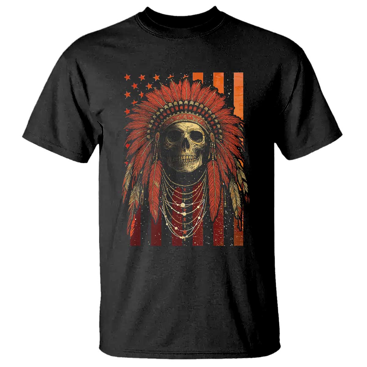 Native American Indian Chief Skull Headdress Vintage USA Flag T Shirt - Wonder Print Shop