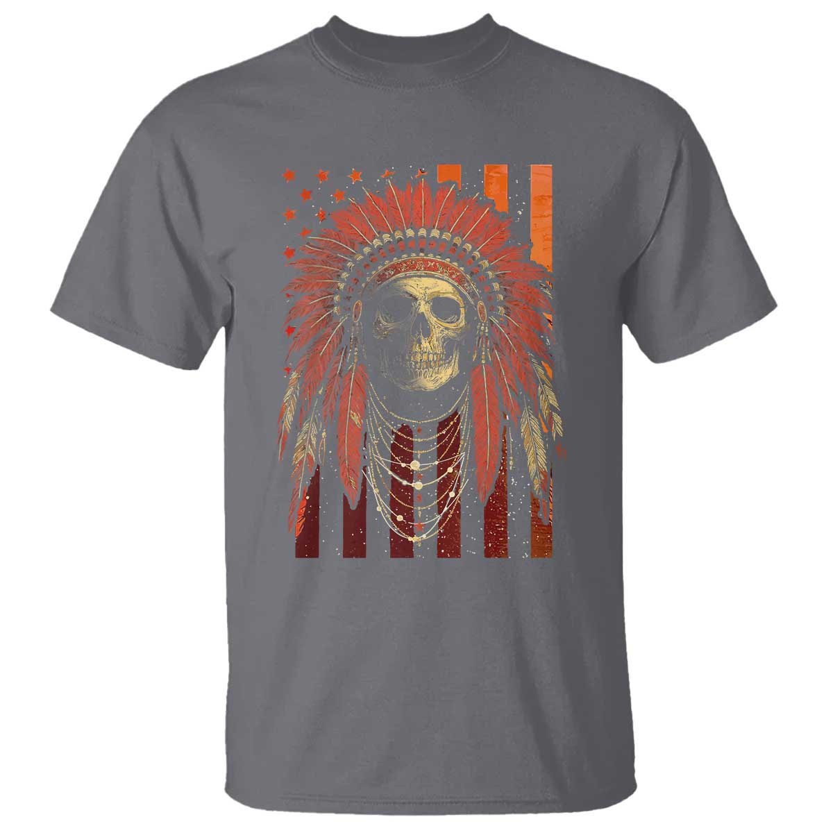 Native American Indian Chief Skull Headdress Vintage USA Flag T Shirt - Wonder Print Shop