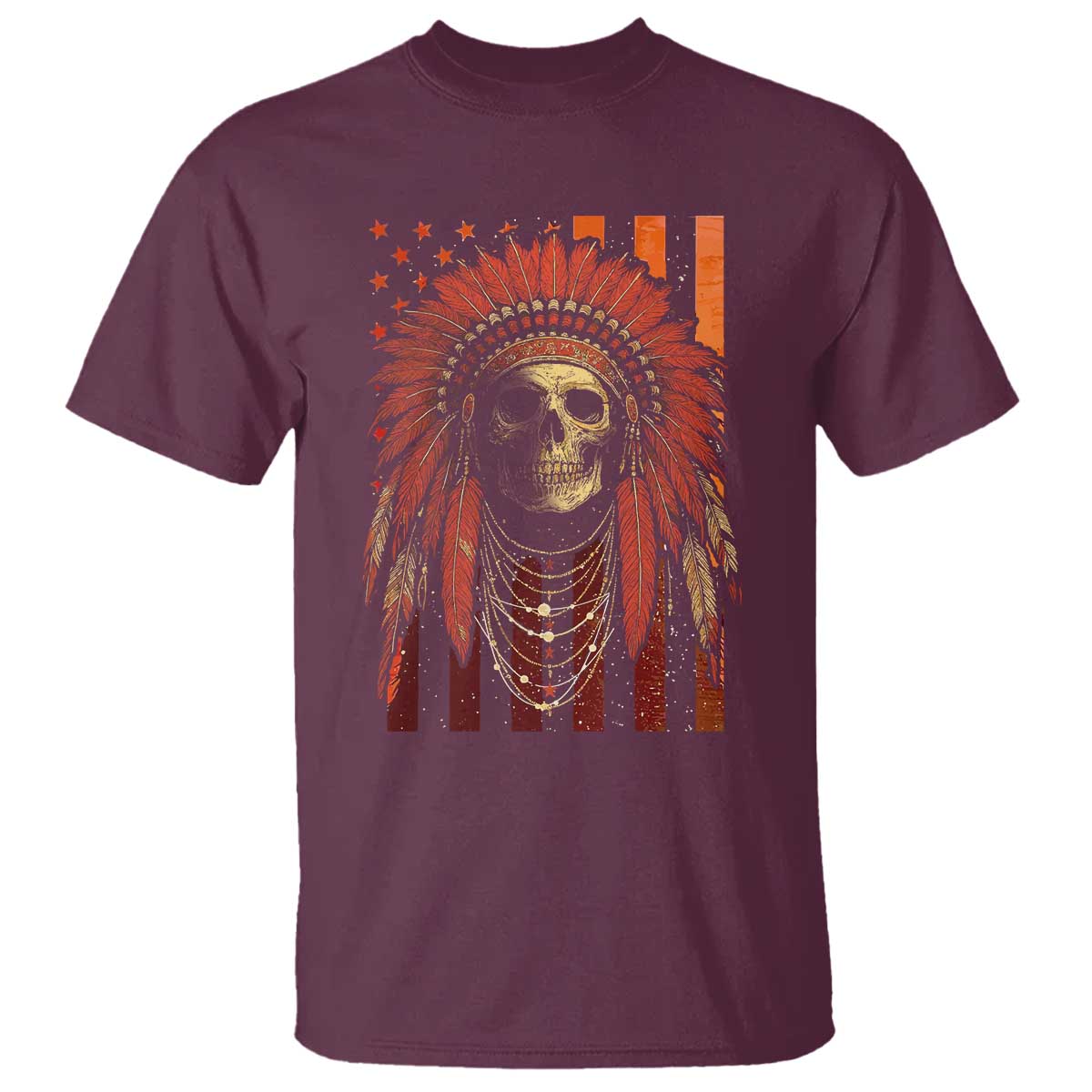 Native American Indian Chief Skull Headdress Vintage USA Flag T Shirt - Wonder Print Shop
