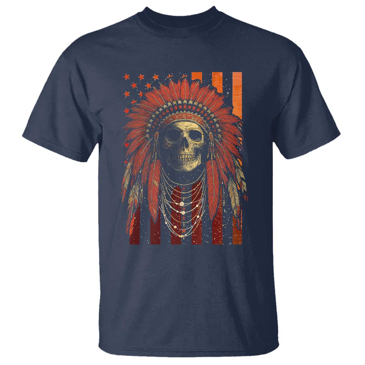 Native American Indian Chief Skull Headdress Vintage USA Flag T Shirt - Wonder Print Shop