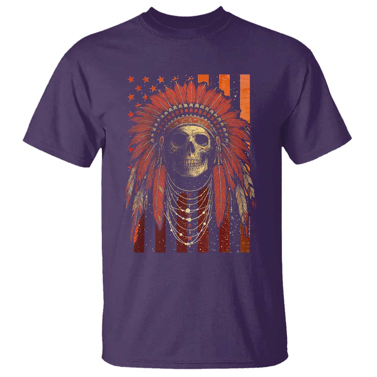 Native American Indian Chief Skull Headdress Vintage USA Flag T Shirt - Wonder Print Shop