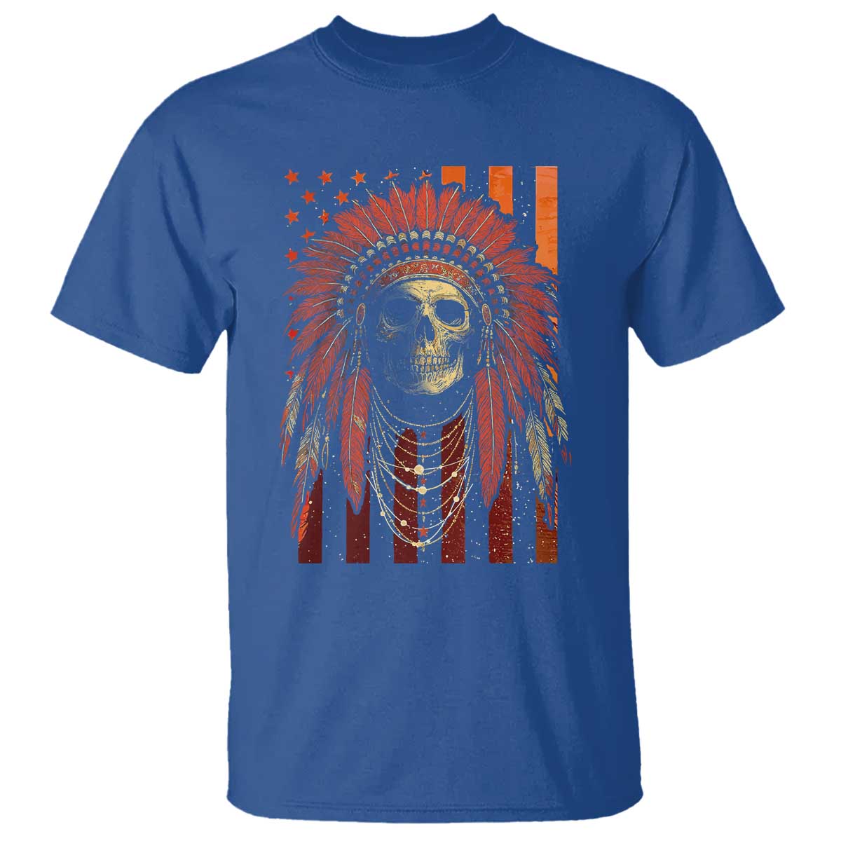 Native American Indian Chief Skull Headdress Vintage USA Flag T Shirt - Wonder Print Shop