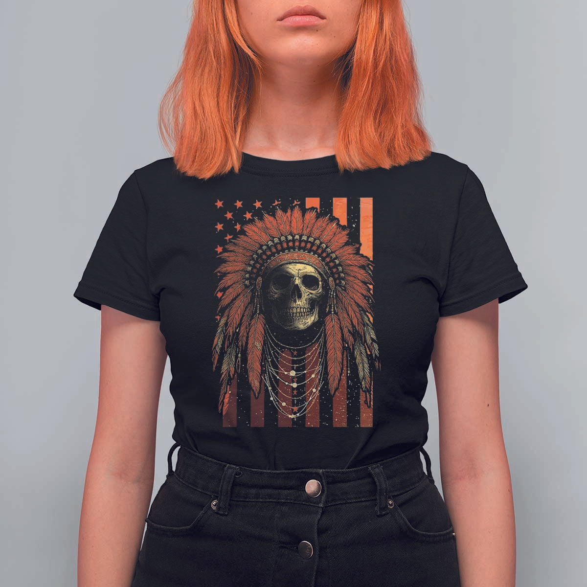 Native American Indian Chief Skull Headdress Vintage USA Flag T Shirt For Women - Wonder Print Shop
