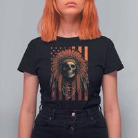 Native American Indian Chief Skull Headdress Vintage USA Flag T Shirt For Women - Wonder Print Shop