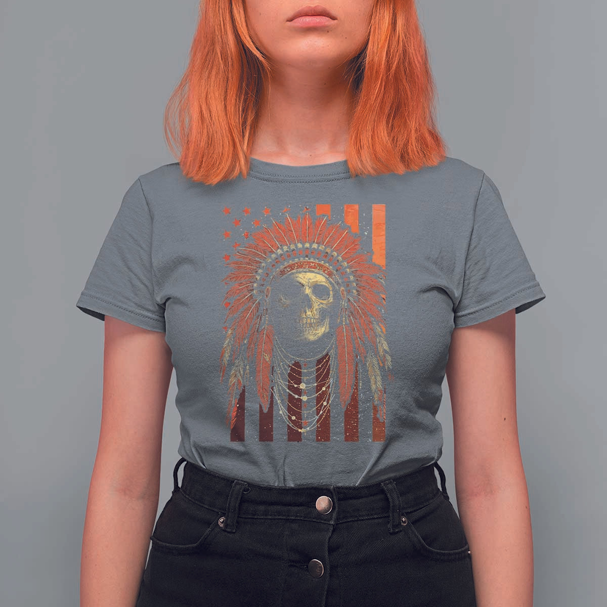 Native American Indian Chief Skull Headdress Vintage USA Flag T Shirt For Women - Wonder Print Shop