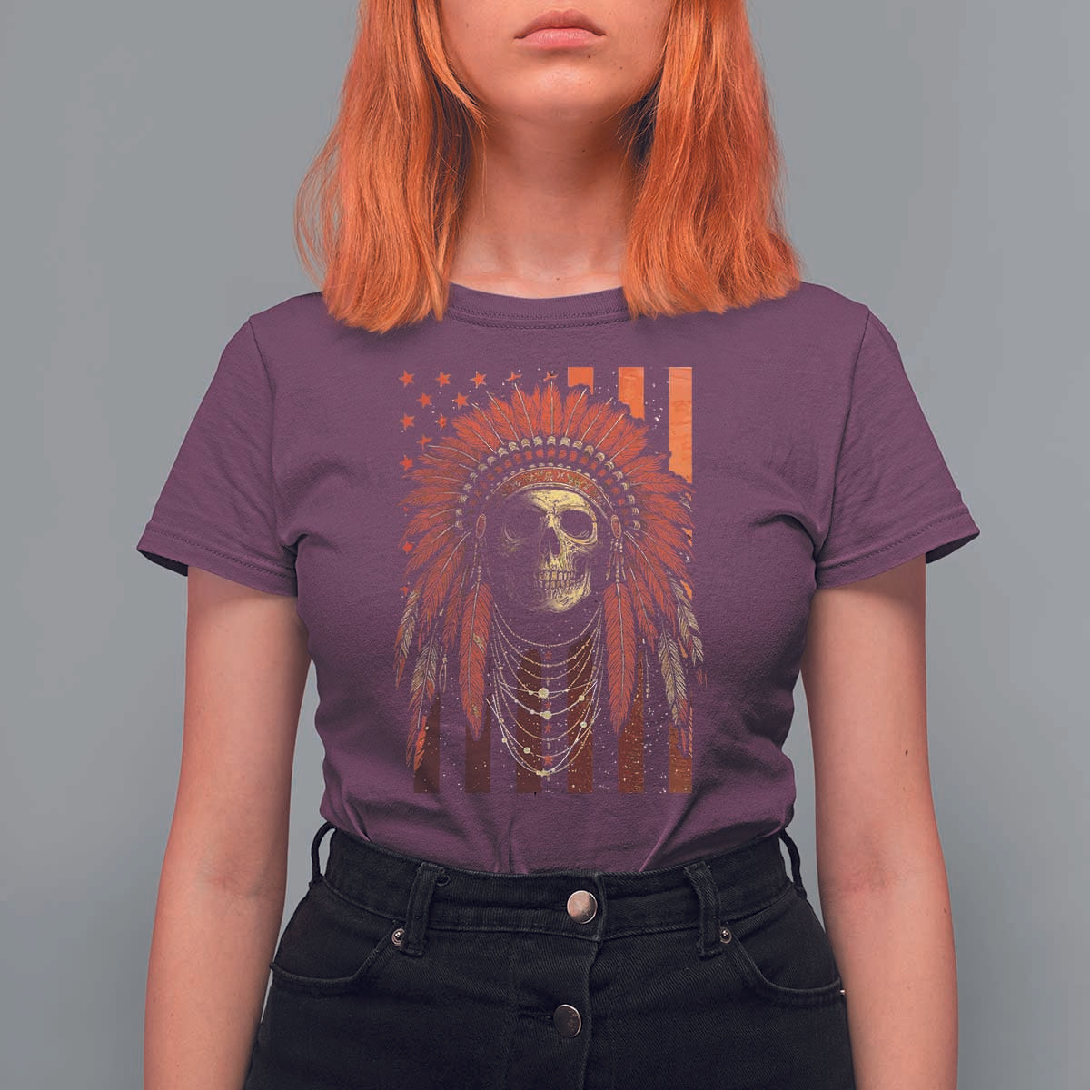 Native American Indian Chief Skull Headdress Vintage USA Flag T Shirt For Women - Wonder Print Shop