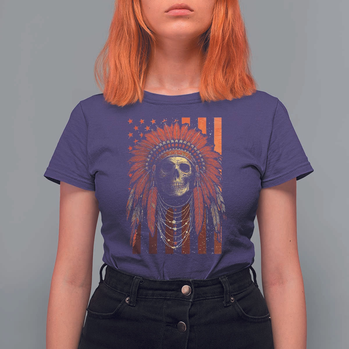 Native American Indian Chief Skull Headdress Vintage USA Flag T Shirt For Women - Wonder Print Shop