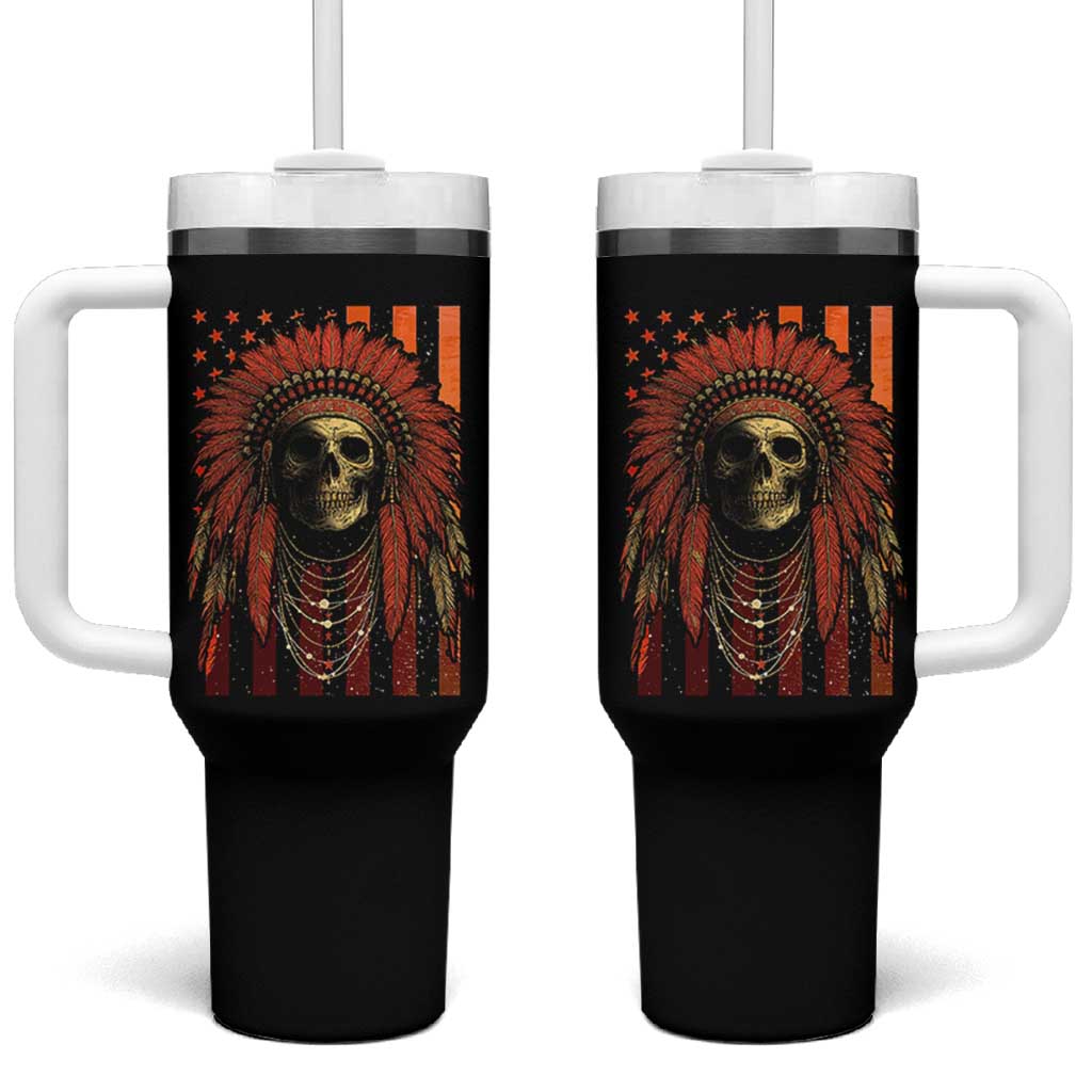 Native American Indian Chief Skull Headdress Vintage USA Flag Tumbler With Handle - Wonder Print Shop