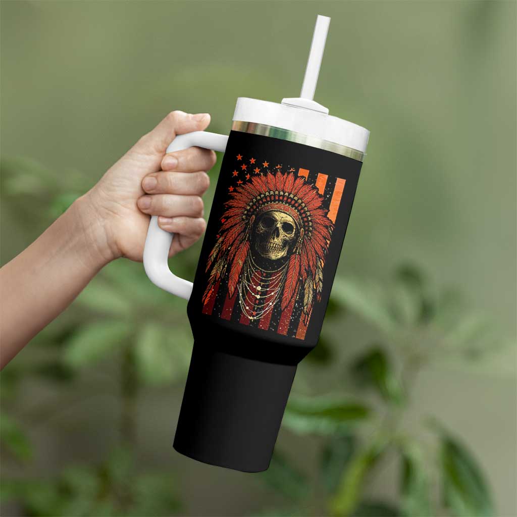 Native American Indian Chief Skull Headdress Vintage USA Flag Tumbler With Handle - Wonder Print Shop
