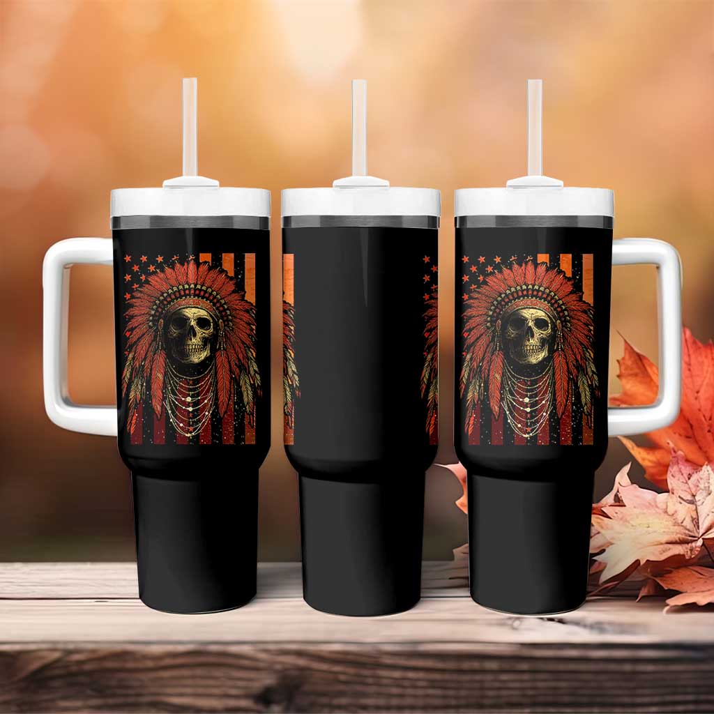 Native American Indian Chief Skull Headdress Vintage USA Flag Tumbler With Handle - Wonder Print Shop