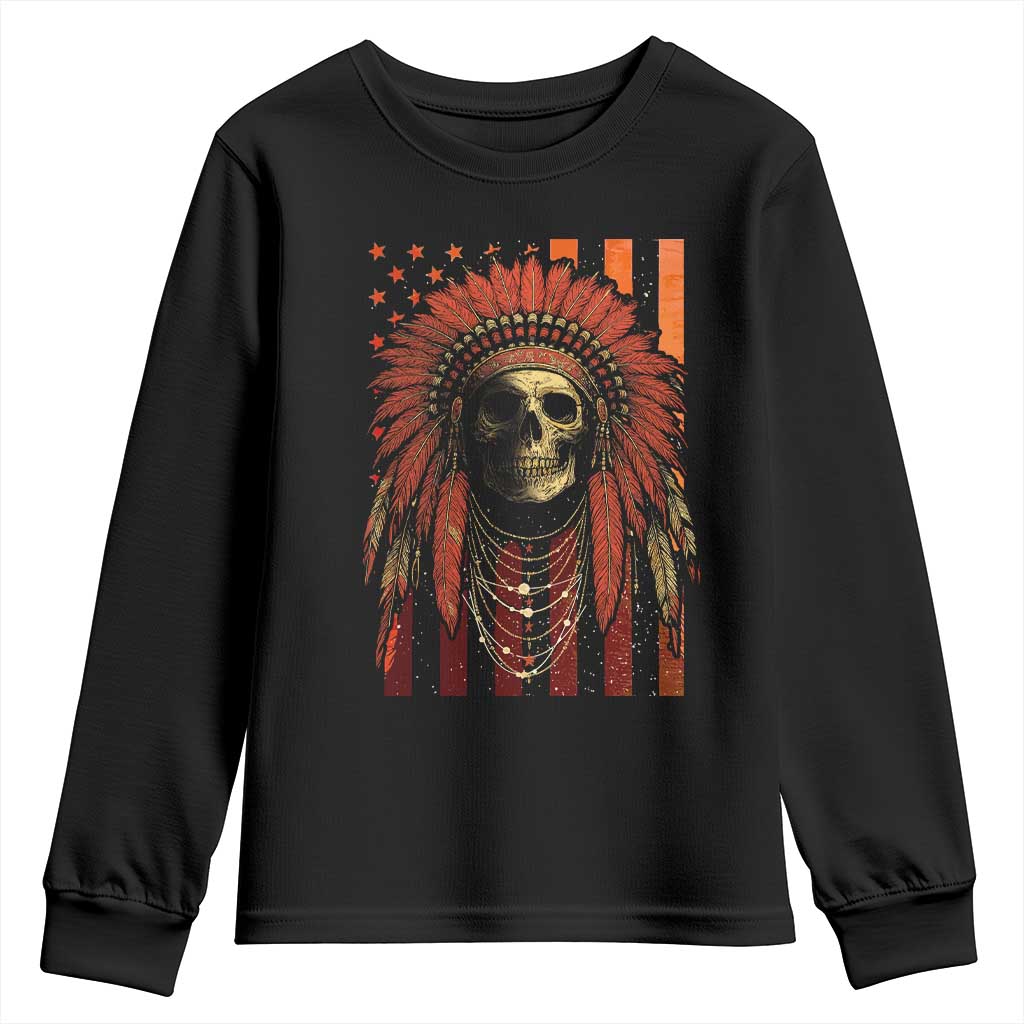 Native American Indian Chief Skull Headdress Vintage USA Flag Youth Sweatshirt - Wonder Print Shop