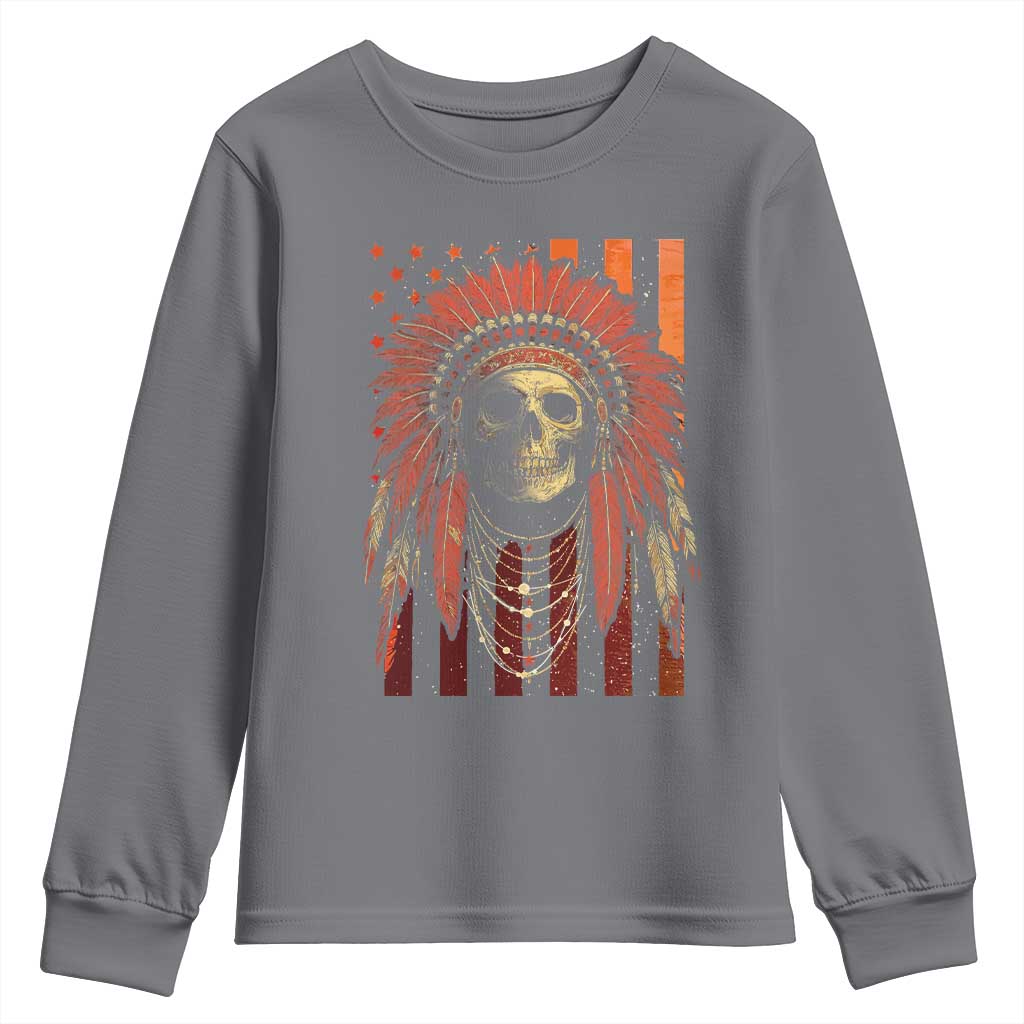 Native American Indian Chief Skull Headdress Vintage USA Flag Youth Sweatshirt - Wonder Print Shop